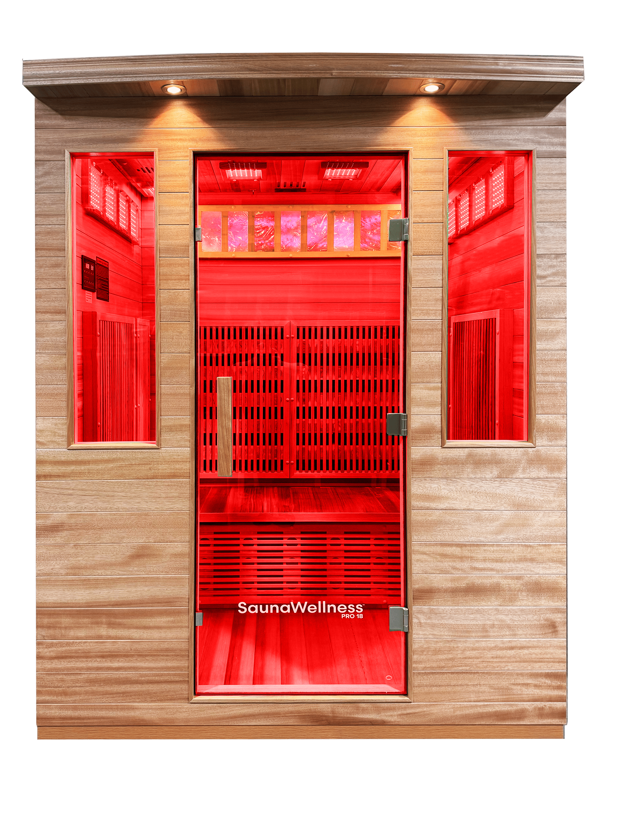 Cabina de sauna de infrarrojos de madera con puerta de cristal e iluminación interior roja.